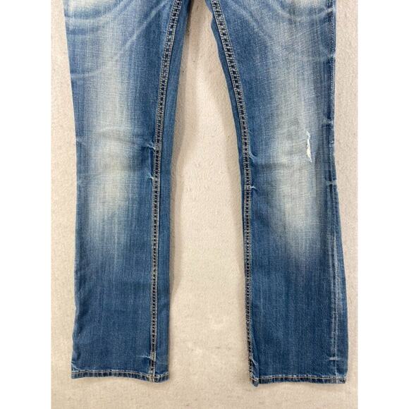 Bebock for Express Jeans Womens Sz 2 Boot Cut Denim Distressed Whiskers - Picture 3 of 13